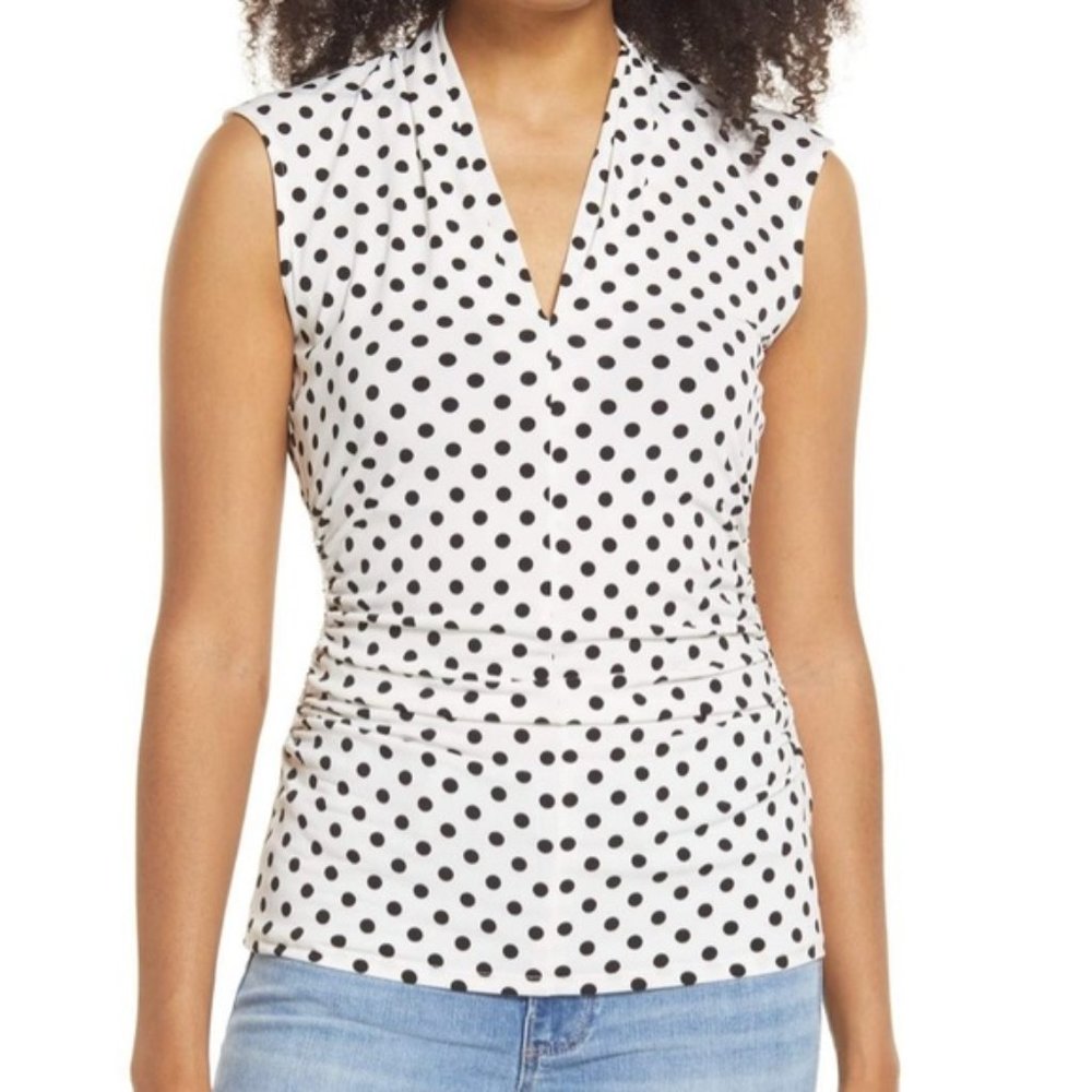 Vince Camuto Sleeveless V-Neck Polka Dot Blouse